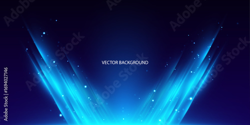 Abstract streaks of neon light dash from left to right, creating a striking sense of energy and motion. Wavy transparent curved lines in the form of a blue wave, dynamically flowing sea water.
