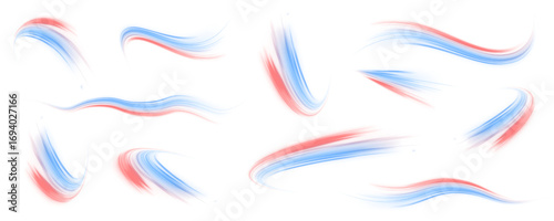 Set of neon speed lines on transparent background PNG. Vector set of lines with a swirl effect on an isolated background in PNG format.