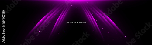 Abstract curved light lines in purple colors on dark background. Glow of neon lights on an empty concert venue.