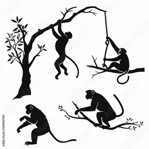 Four monkey silhouettes tree climbing swinging sitting branch