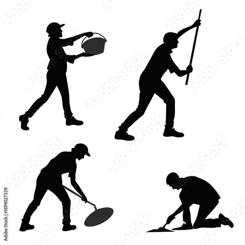 Four workers silhouettes performing construction tasks labor tools