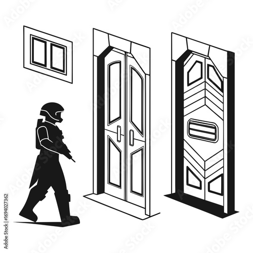 Futuristic soldier approaching sci fi portals and window doorway