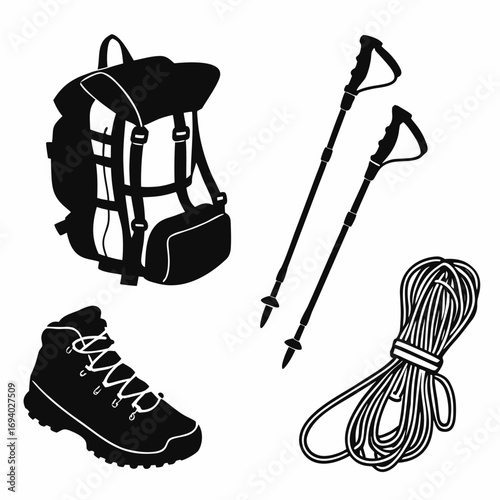 Hiking backpack boot poles coiled rope vector