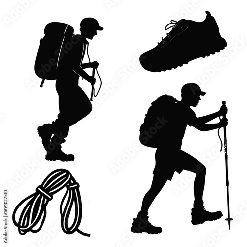 Hikers with backpacks and poles and hiking shoe and rope trekking mountaineering