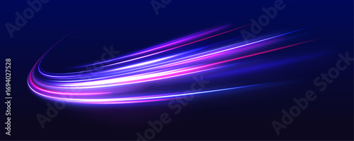 Abstract image of speed motion on the road. Vector glitter light fire flare trace. Dark blue abstract background with ultraviolet neon glow, blurry light lines, waves
