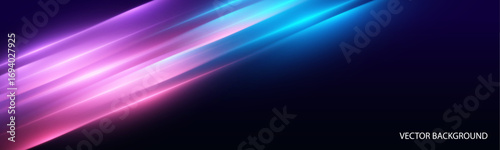 Abstract horizontal neon light trails glow in blue and red on a dark gradient background. Motion blur and lens flare create a vibrant speed effect. Perfect for futuristic banners.	