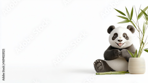 Cute panda cartoon character sitting beside bamboo plant, smiling happily. Perfect for children themes and nature