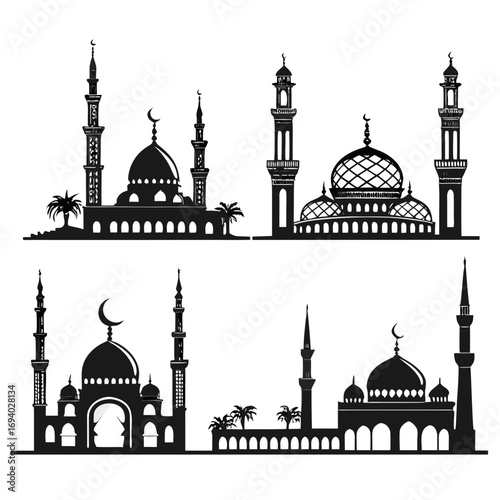 Islamic mosque architecture silhouettes with minarets and domes vector