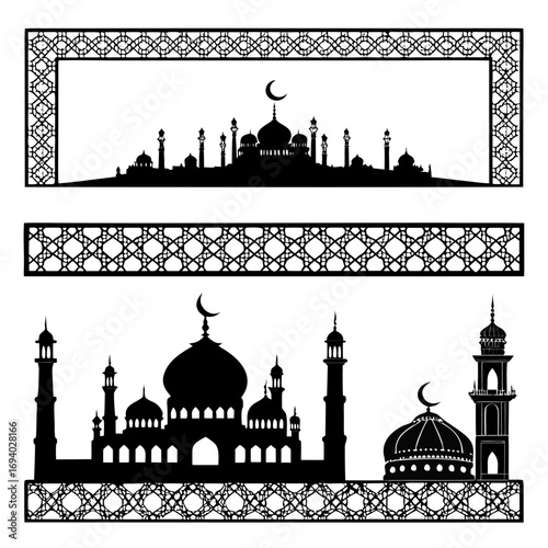 Islamic mosque architecture with decorative borders and crescent moons silhouette
