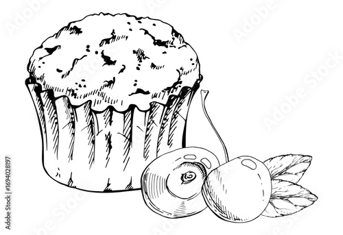 petit four-style muffin pastry, cupcake in paper liner with glossy cherry topping and leaves. Isolated hand drawn illustration in vector ink. Bakery product label, culinary card, dessert party flyer