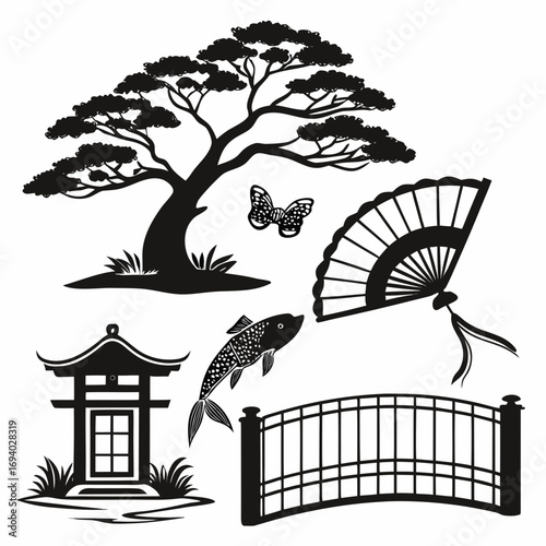 Japanese ink style silhouettes of nature and objects bonsai tree butterfly