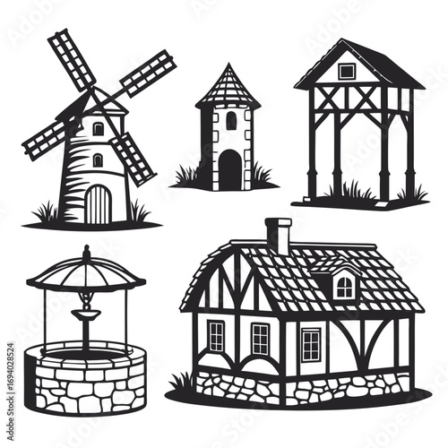 Medieval village structures windmill tower gazebo well timbered house vector