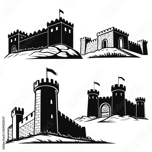 Medieval castles fortresses battlements flags architecture silhouette