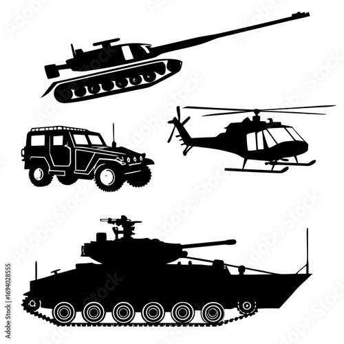 Military vehicles helicopter tank jeep black silhouette