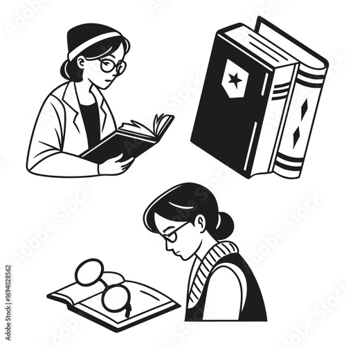 Minimalist icons of women reading books and glasses woman