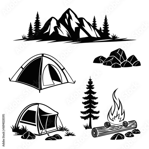 Mountain campsite elements silhouettes fir trees tents campfire rocks camping