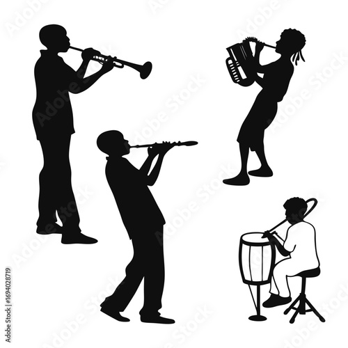 Musicians playing wind and percussion instruments silhouette trumpet