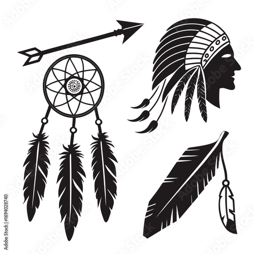 Native american cultural symbols feather headdress arrow dreamcatcher vector