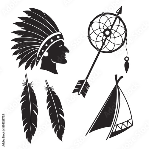 Native american headdress feathers dreamcatcher teepee arrow vector