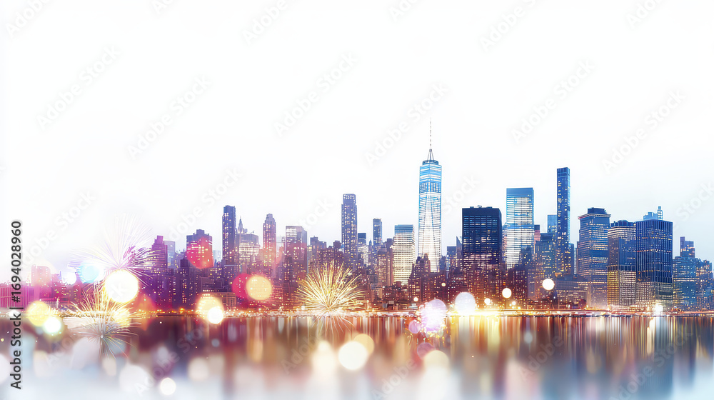 Fototapeta premium Vibrant city skyline illuminated by fireworks, showcasing modern architecture and festive atmosphere