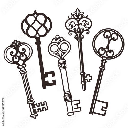 Ornate vintage keys collection black silhouettes antique keys ornate keys