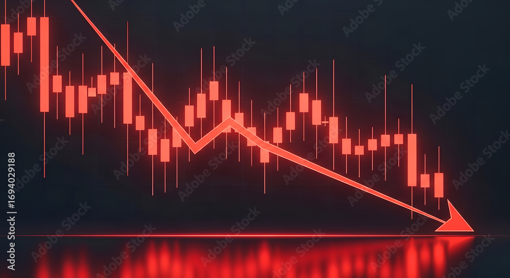 Naklejka premium Red stock market chart showing a significant downward trend with candlestick patterns and arrow indicator