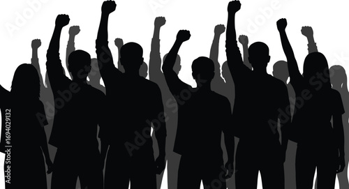 Silhouettes of diverse people raising fists in protest, symbolizing power, unity, freedom, civil rights, activism, resistance, and revolution