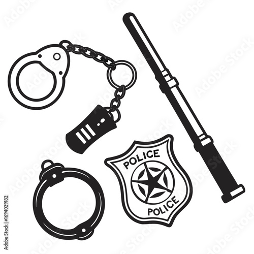 Police badge handcuffs baton keychain vector