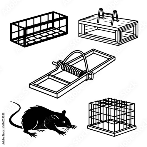 Rodent traps and cage with rat silhouette pest control