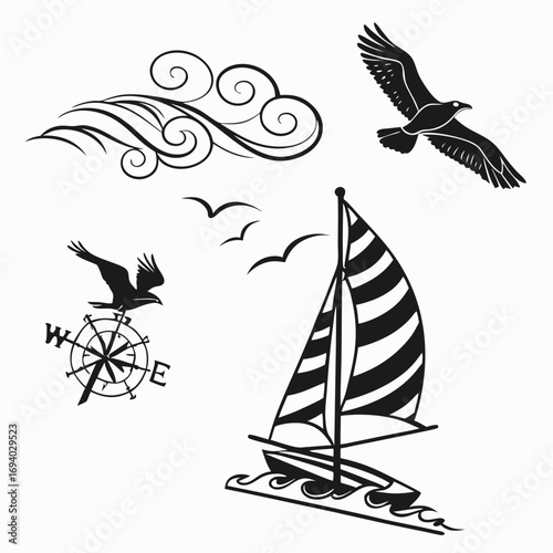 Sailboat compass eagles swirling wind gusts birds