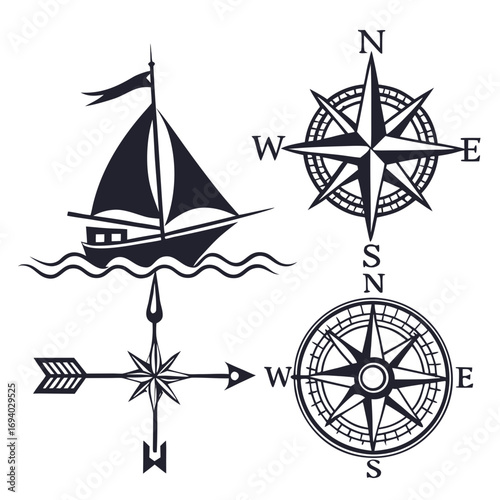 Sailing ship compass rose and weather vane silhouettes nautical maritime