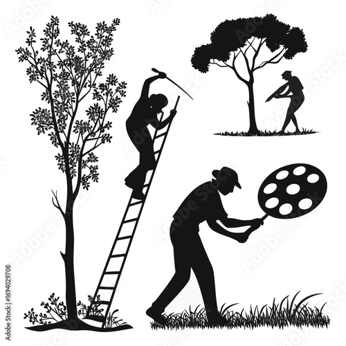 Silhouettes of people tending to trees and plants ladder gardening