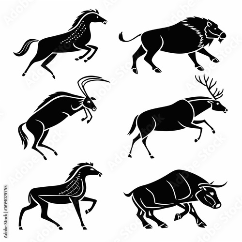 Six ancient animal silhouettes on white cave painting horse