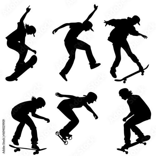Six black silhouettes of skateboarders performing tricks skateboarding ollie