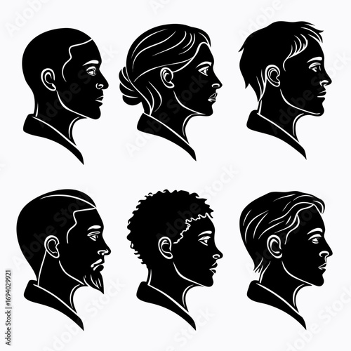 Six diverse human profile head silhouettes heads