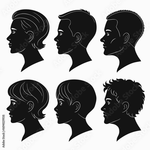 Six diverse human profile silhouettes black and white head face