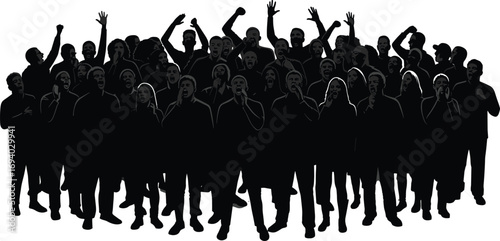 Vector illustration of diverse group of people cheering, celebrating, shouting, and raising hands in unity and joyful excitement together.