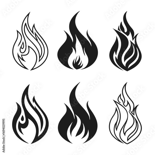 Six stylized flame icons black and white fire symbol