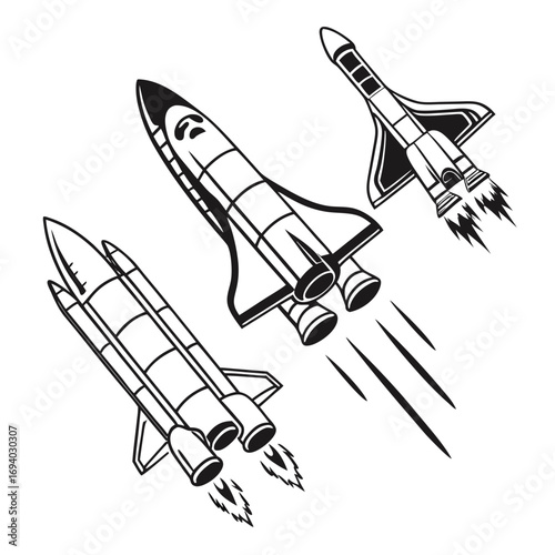 Three black and white spaceship silhouettes with exhaust flames rocket shuttle
