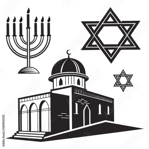 Synagogue menorah and star of david symbols jewish religious