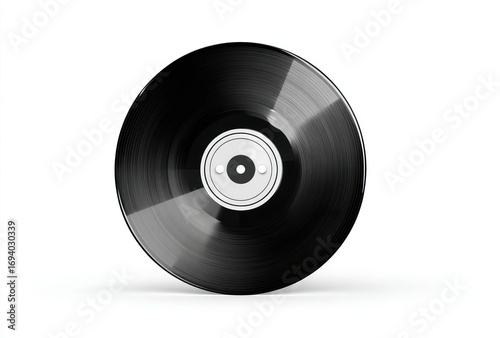 Black vinyl record on white background, reflecting light, casting a subtle shadow, centered in the frame