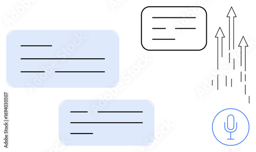 Text bubbles symbolize dialogue or transcription, microphone denotes speech input, and arrows show growth. Ideal for communication, AI, technology, productivity, innovation, collaboration modern