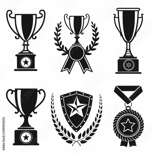Trophy cup medal shield laurel wreath star award icons vector