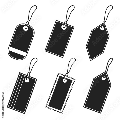 Various black price tags with strings label sale