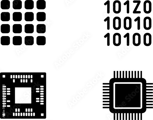 Digital technology icons representing data, circuitry, and processing power