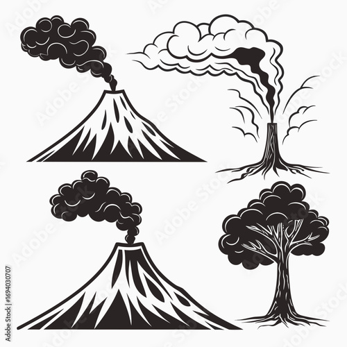 Volcanoes and trees emitting smoke eruption nature