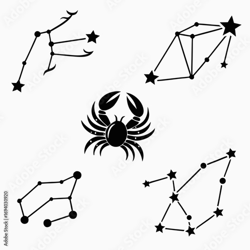 Zodiac constellations and crab symbol outlines astrology stars