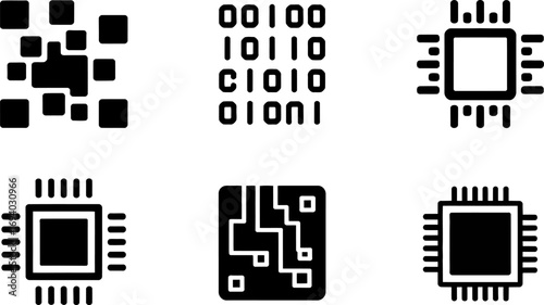 Collection of abstract digital technology icons representing data and processors