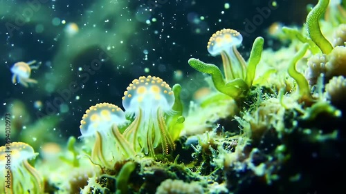 Abstract Scene of Plankton Bloom in Deep Sea with White Dotted Structures Green Algae and Coral Reefs and Marine Life in Dark Background  Ideal for Biological Studies and Corporate Presentations