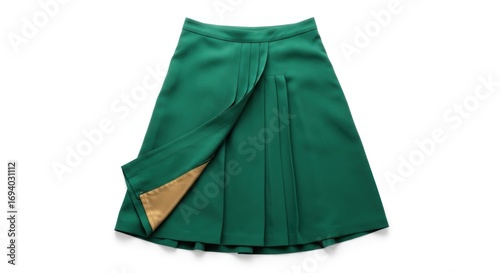 A dark teal, A-line pleated skirt with a partially visible gold lining is displayed against a stark white background; the skirt is shown lying flat, showcasing its front and a hint of the interior